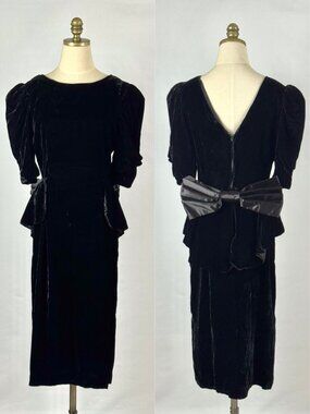 Vtg 80s Act 1 Black Velvet Peplum Dress Puff Sleeves Giant Bow Shoulder Pads